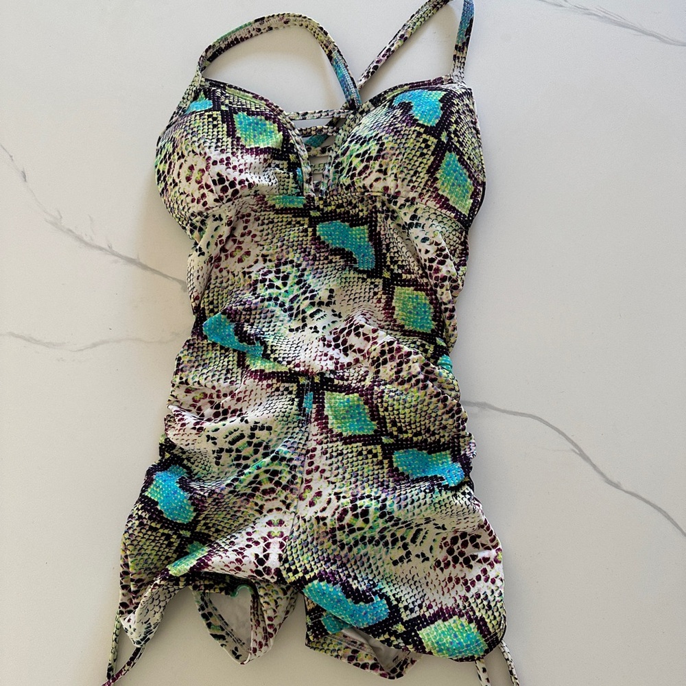 Short strappy Brazilian romper bodysuit fitness lizard print OS